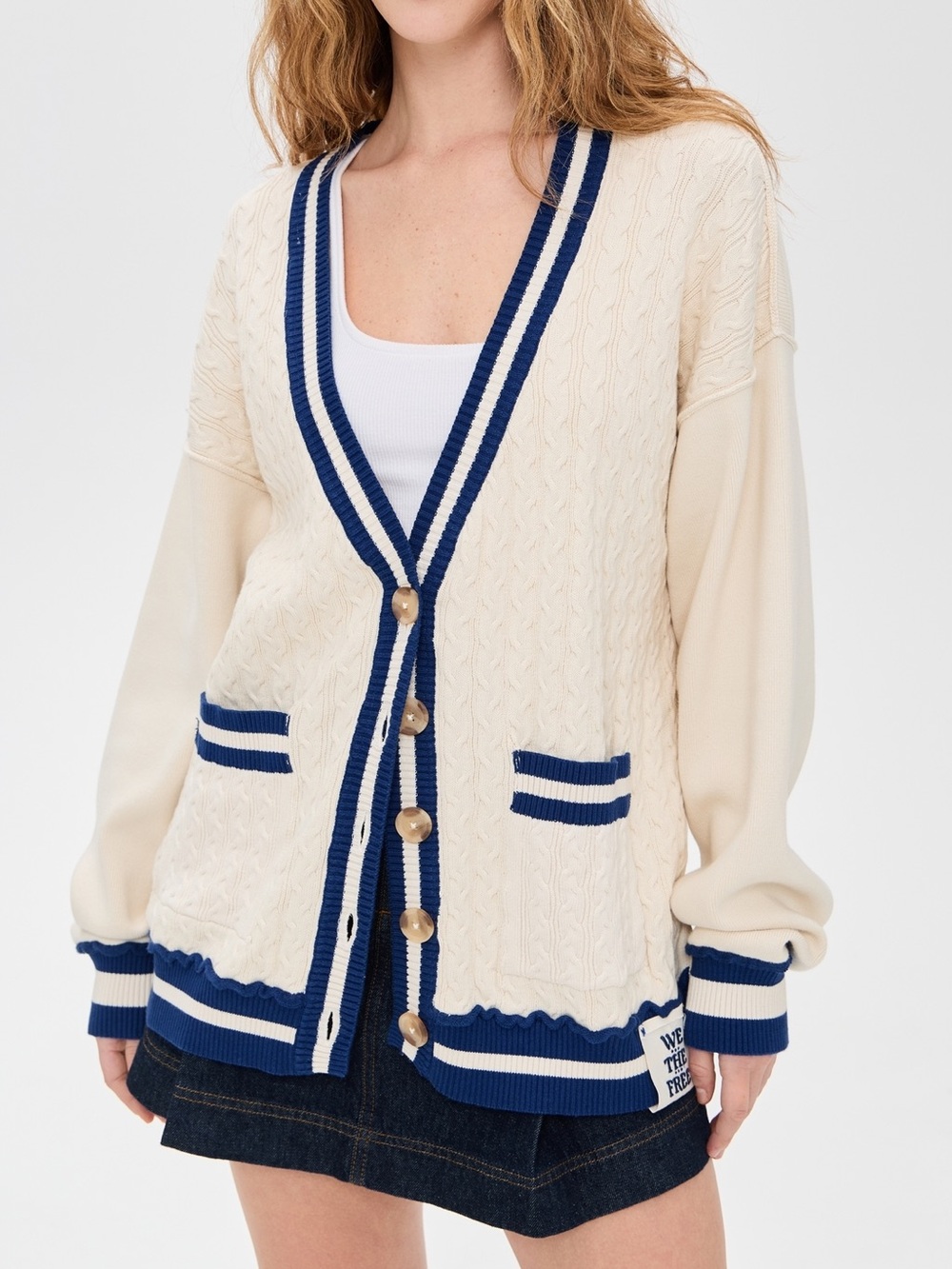 ⚓ Free People We The Free Varsity Cardigan Ecru Navy Cable Knit NWT M